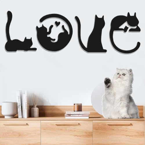 WKRTDY Conjunto de 4 peças de decoração de parede preta com design de gatos e texto em inglês 'Love', arte de parede geométrica para corredor, quarto, sala de estar e casa de banho, ornamentos