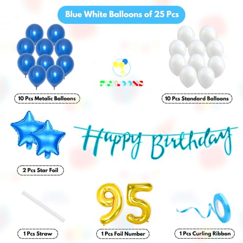 Image of Flyloons 95th Happy Birthday Decoration Kit Blue White for Boys Girls Men Women Adults With 20 Pcs Metallic Balloons Birthday Banner 2 Pcs Star Items Set