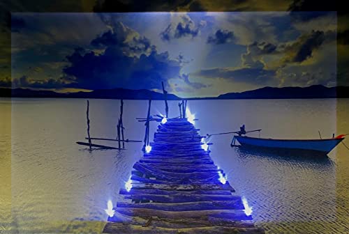 Cuadro LED con iluminación LED - Lienzo decorativo (65 x 45 cm), diseño de mar/barco y puente Cover