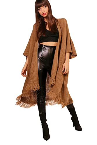 Prettymake® Cardigan surdimensionné en tricot côtelé à franges pour femme avec poche large ouverte sur le devant, camel, 44/46 Cover
