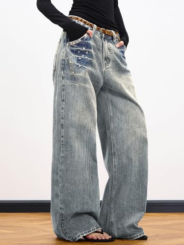 Image of EMMIOL Women Hip Hop 90s Vintage Baggy Jeans Denim Pants Mid Waist Jeans