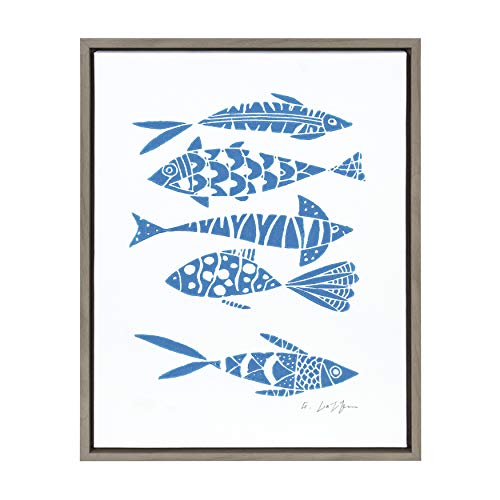 Kate and Laurel Sylvie Blue Fish Linocut Print Framed Canvas Wall Art by Giuliana Lazzerini, 18x24 Gray