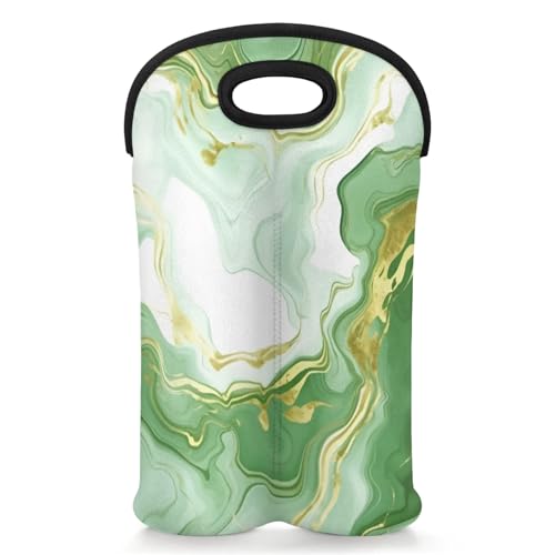 GzLeyigou 2 Bottles Luxury Abstract Fluid Wine Bag Sleeve Totes Green Neoprene Protective Wine Carrier Bag for Wine,Water, Champagne, Beer, Baby Bottles,Gift 14.5 x 10 Inches