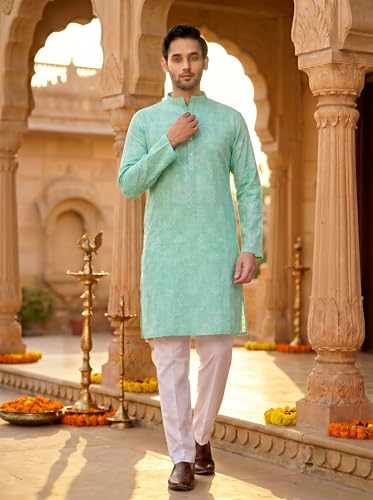 Image of Studio Shringaar Men's Cotton Blend Relaxed Fit Ikat Printed Knee Length Kurta