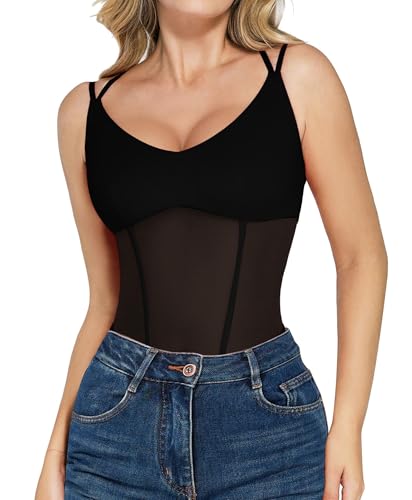 Popilush Women Mesh Shapewear Bodysuit Tummy Control Going Out Corset Tops Double Spaghetti Strap Body Suits