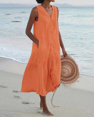 Image of chouyatou Women's Summer Sleeveless Button Down Cotton Tank Dress Loose A-Line Tiered Tunic Beach Dress