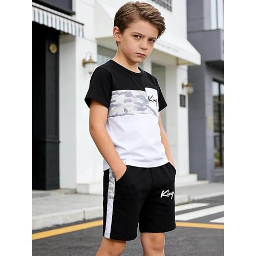Image of Size 6-12 Years Boys Summer Outfits Set Kids Short Sleeve Top T-Shirt & Shorts Color Block Clothing Sets