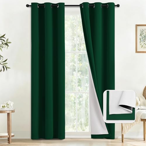Image of COSVIYA Drak Green 100% Blackout Curtains for Bedroom with White Back | 2 Thick Layers Full Room Darkening Thermal Insulated Curtain,Grommet Window Drapes for Living Room, 40x84 Inch, 2 Panels