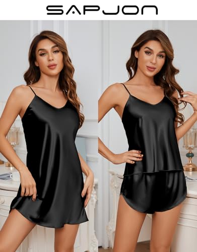 SAPJON Silk Pajamas for Women 5Pcs Sleepwear Loungewear Satin Robe Cami Shorts Pj Set2