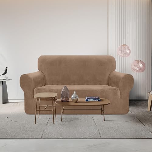 Housse de canapé 2 places en velours épais extensible couleur camel - 3