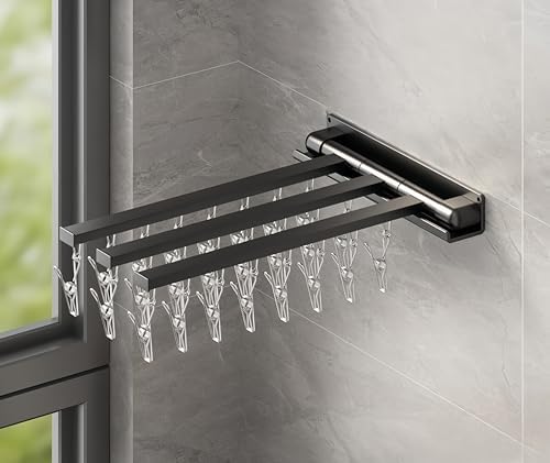 Wall-Mounted Rotary Clothes Drying Rack - Space-Saving Collapsible Laundry Solution, 220lbs Capacity, Punch-Free Installation for Bathroom, Patio & Laundry Room (White, 2 Shots, Horizontal Bar)