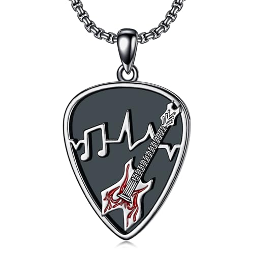 Dorunmo Black Guitar Pick Holder Necklace Sterling Silver Soundwave Guitar Pick Pendant Holder Guitar with Music Note Pendant Jewelry Musicians for Guitar Lovers Music Lovers