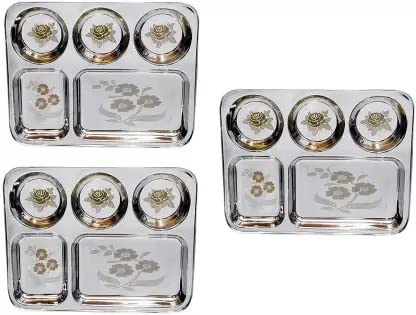 Image of WEKTU WKTU Rust-Resistant Stainless Steel 5 in 1 Lunch /Dinner /BHOJAN Thali with 5 Compartments Dinner Plate (Pack of 3)