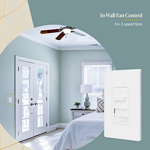 Topgreener Kalide Light Switch And 3-Speed Ceiling Fan Control Combo, In Wall Light And Fan Combination Switch, Single Pole, 2.5A, 720W, Neutral Wire Not Required, Tgsfs3-W, White #TOP3