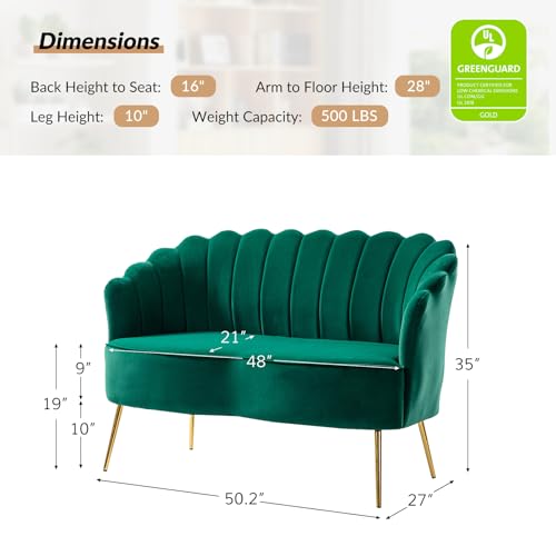 Image of HULALA HOME Modern Velvet Loveseat Sofa with Flower Shaped Back, Comfy Upholstered 2-Seater Sofa with Gold Metal Legs, Small Love Seat Accent Couch for Living Bedroom Leisure Areas, Green