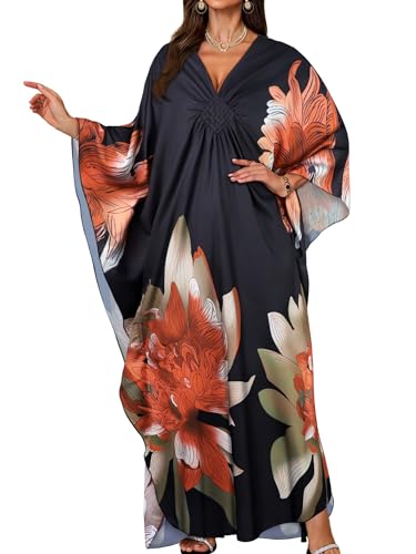 Kaftan Dresses for Women Ladies Swimwear V Neck Kaftans Summer Beach Cover Up Boho Maxi Dress(Orange Green Floral)
