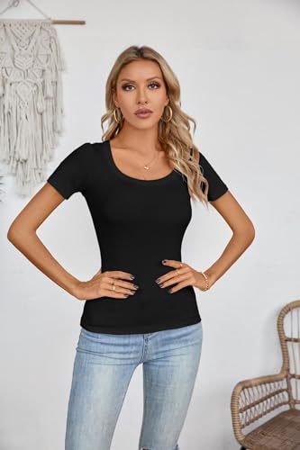 VICHYIE Womens Summer Short Sleeve Tops Square Neck Ribbed Slim Fitted Shirts Casual Tee Tshirt3