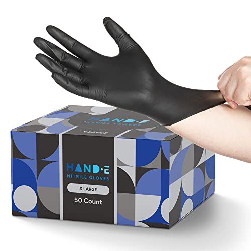 Hand-E Touch Nitrile Black Disposable Gloves X-Large, 50 Count - BBQ, Tattoo, Hair Dye, Cooking, Mechanic Gloves - Powder and Latex Free