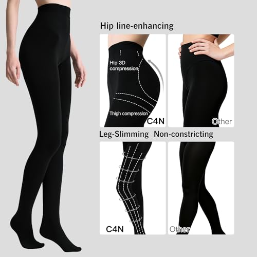 Image of C4N High Compression Tights 130 Denier, Wide Non-Roll Waistband Tummy Control Opaque Matte Black Pantyhose