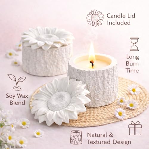 Image of Handmade Aesthetic Scented Candle with Reusable Concrete Jar & Floral Lid | Soy Wax Blend | Vanilla Aromatherapy Candle | 10+ Hours Clean Burn | Decorative Candles, Gifts (Sunflower Jar)