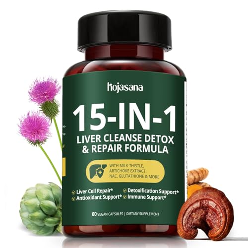 HojaSana Milk Thistle Liver Support - 80% Silymarin, 15-in-1 Formula with Glutathione, NAC, Turmeric, Artichoke and Reishi - Antioxidant, Metabolism and Energy Support - 60 Capsules, 30-Day