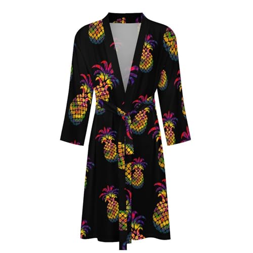 Rainbow Tie Dye Pineapple Mens Robe Soft Lightweight Knee Length Loungewear Spa Bathrobe Long Sleeved Nightgown4