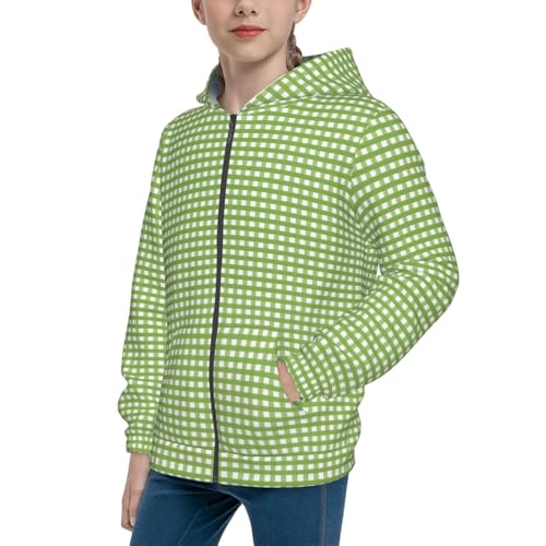 Green Gingham Kids Pullover Hoodies Boys Zip Up Sweatshirts Girls Athletic Clothes with Pocket