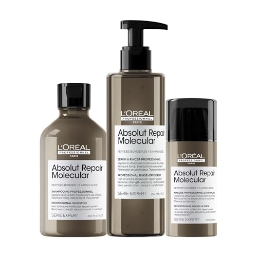 L’Oréal Professionnel, Rutina Champú, Sérum con aclarado y Mascarilla sin aclarado Absolut Repair Molecular, Repara y Fortalece a nivel molecular, Tratamiento instantáneo. Para todo tipo de Cabello Dañado, SERIE EXPERT
