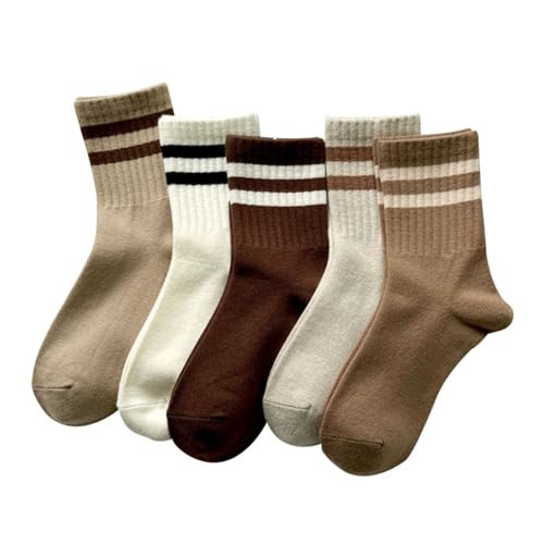 Deeorla Womens Striped Crew Socks Brown Vintage Retro Athletic Socks 5 Pairs