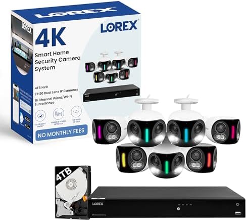 Lorex Fusion 4K PoE Security System | 7× H20 Dual Lens Cameras | 16-Channel Wired/Wi-Fi NVR with 4TB | Human & Vehicle Detection | Color Night Vision | Smart Home Compatible | Black