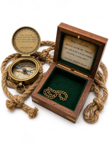 Brújula vintage de latón con caja de madera 2 pulgadas miniatura 1