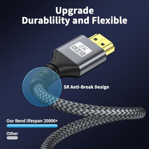 Image of 8k Hdmi Cable 6.6ft Ultra High Speed HDMI 2.1 Cable 8K@60HZ 4K@120HZ 48Gbps HDMI Cord for HDTV,PS4,PS5,Monitor Laptop,Xbox,HDCP 2.2&2.3 Support HDR,eARC,Dolby.(Silvery)