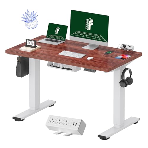 Image of FLEXISPOT EN2 Whole-Piece Standing Desk with Clamp Power Strip, 48 x 24 Electric Stand Up Height Adjustable Desk with Cable Management (White Frame + 48 inch Mahogany Desktop, 2 Packages)