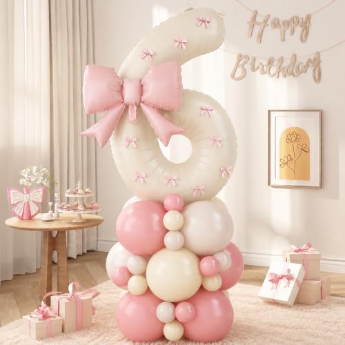 Image of 40 Inch Pink Beige Number 6 Balloon Tower with Bow 6th Birthday Decorations