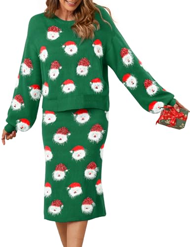 Women's Cute Ugly 2 Piece Christmas Sweaters Slit Skirt Set Fluffy Santa Xmas Holiday Lantern Sleeves Top Dress Set Green