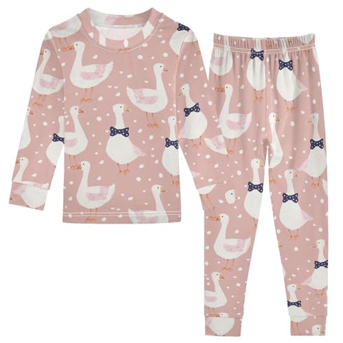 Fustylead Geese with Bow Tie and Dots on Pink Background 2-Piece Cotton Pajama Set, Long Sleeve Top and Matching Bottom