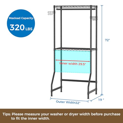 Golpart Over Washer and Dryer Shelves,2 Tier Adjustable Height Wire Shelving Laundry Room Storage Organization Clothes Drying Rack with Hanger Rod&Hooks,Space Saving Organizers Shelf,Black - Thumbnail 3