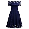 MISSMAY Women's Vintage Floral Lace Short Sleeve Boat Neck Cocktail Party Swing Dress (Large, Navy Blue)
