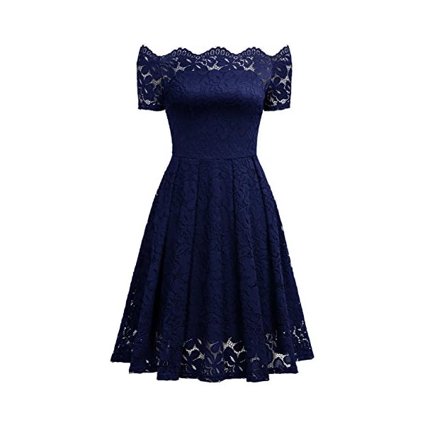MISSMAY Women's Vintage Floral Lace Short Sleeve Boat Neck Cocktail Party Swing Dress (Large, Navy Blue)