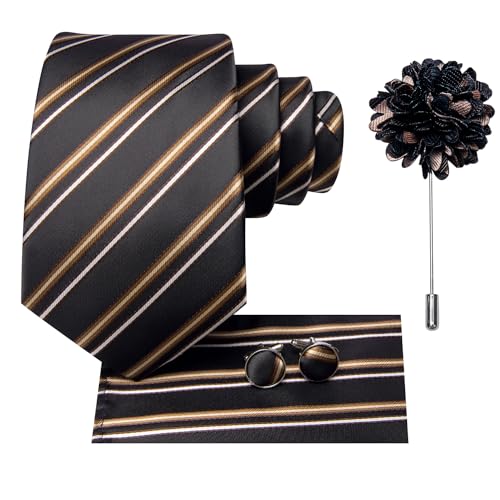 Image of Hi-Tie Men Silk Ties Set with Flower Lapel Pin Necktie Pocket Square Cufflinks for Tuxedo Wedding Business