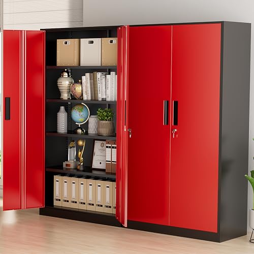 Greenvelly Metal Storage Cabinet with Doors and Shelves, 72”-Inch Locking Metal Cabinet,Garage Storage Cabinet for Garage Office School Warehouse (Black Red) - Thumbnail 2