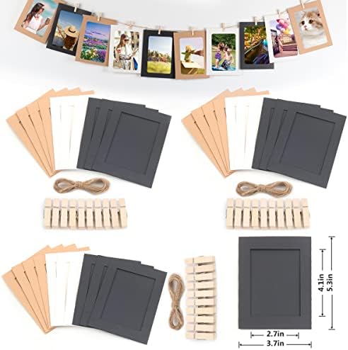 LONGCAN 3x5 Inch Paper Photo Frame, DIY Photo Frame Kraft Paper Creative Hanging Cardboard with Linen String and Clip, 3 Colors of 30 Sheets (3x5)