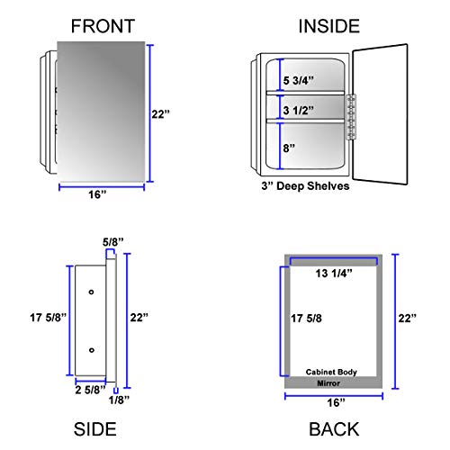 Mirrors And More 16" X 22" Medicine Cabinets For Bathroom With Mirror - Frameless Pencil Edge, Recessed, Modern Home Décor, Polish Edge, Non Adjustable Shelves #TOP4