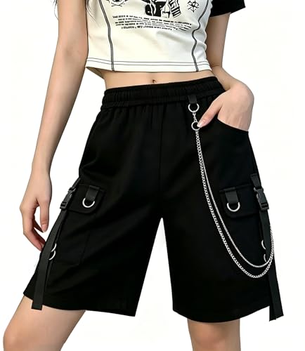 Image of DINGJIUYAN Hip Hop Summer Shorts Men Black Ribbons Streetwear Bermuda Man Shorts Multi-Pocket Punk Casual Knee Length Short Pants Men