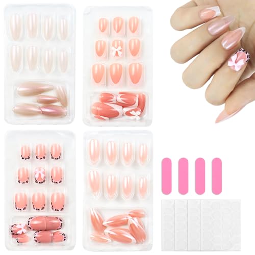 PIWOSGOL 96 Piezas Uñas Postizas 4 estilos Press on Nails Uñas de cobertura total con Pegamento Gelatina 12 tamaños para Mujeres y Niñas