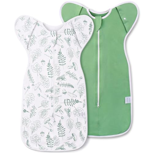 Image of ANYEDDE 2-Pack Newborn Swaddle Sleep Sack - Baby Transitional Swaddle Sack 0-3 Months, Arms Up Swaddles with Cuff Removable Design, Green Leaves, 100% Cotton Newborn Sacks