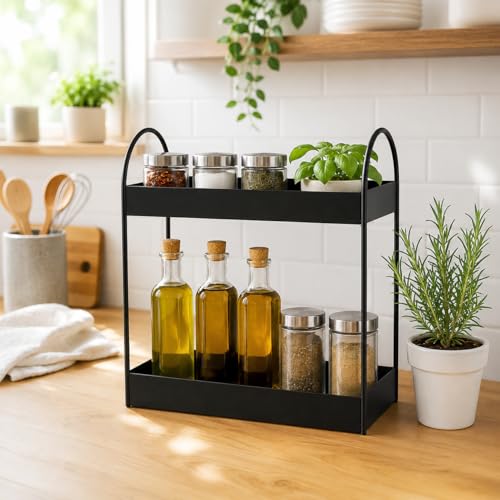 Image of Homeor 2-Tier Metal Countertop Organizer | Heavy Duty Standing Rack for Kitchen Spice Storage & Bathroom Vanity | Multi-Purpose Shelf For Kitchen, Cosmetic & Toiletry Display Shelf, Black