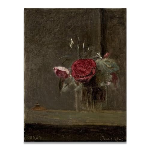 Roses dans un verre toile paysage campagne française déco murale vintage chambre 70x91cm