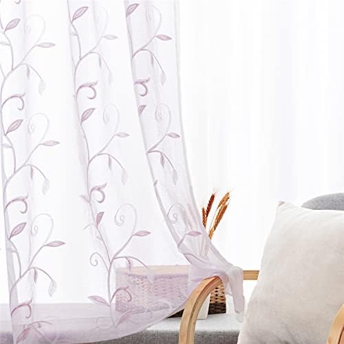 VISIONTEX Embroidered White Sheer Voile Curtains, Light Blush Pink Leaves Embroidery Faux Linen Rod Pocket Window Drapes for Living Room and Girls Bedroom 54 x 84 Inch, Set of 2 Curtain Panels