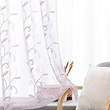 VISIONTEX Embroidered White Sheer Voile Curtains, Light Blush Pink Leaves Embroidery Faux Linen Rod